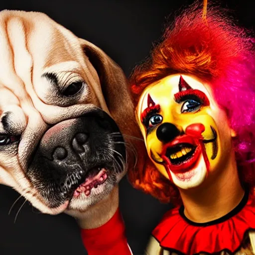 Prompt: Dogs biting scary clowns at night