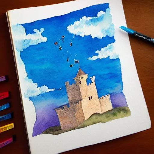 Image similar to laputa castle in the sky flying high in the sky, watercolor illustration for a book