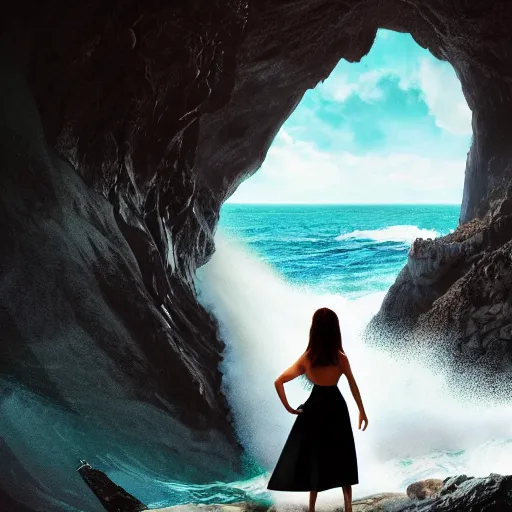 Image similar to photograph with stylish lens effect, pixar inspired, stylistic lighting, 1 9 8 0's action moviee style, weta digital, octane render, a woman in a black dress and a hair covering standing in the cliffside entrance to a cave alongside crashing dramatic ocean waves with sea foam and sea spray