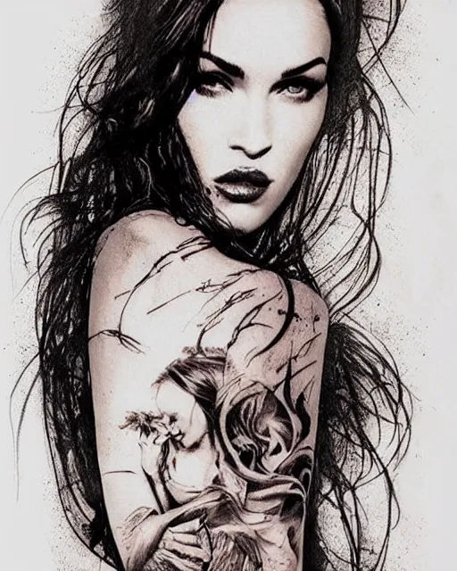 Prompt: double exposure tattoo sketch of megan fox faded with a beautiful mountain scenery, in the style of matteo pasqualin, amazing detail, sharp