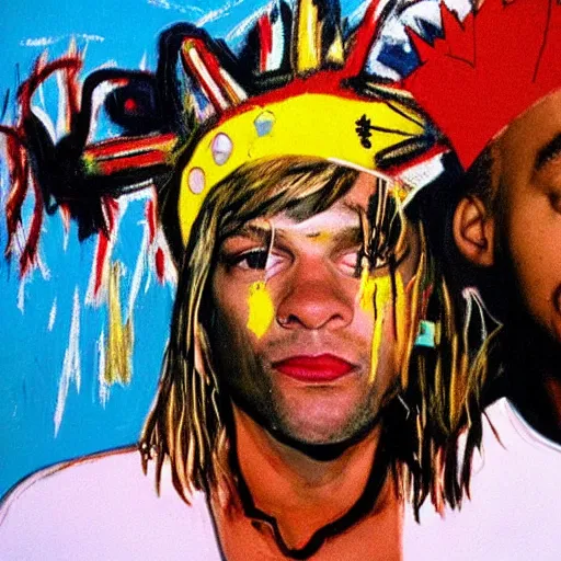 Prompt: kurt cobain and basquiat wearing a painted basquiat crown photorealistic