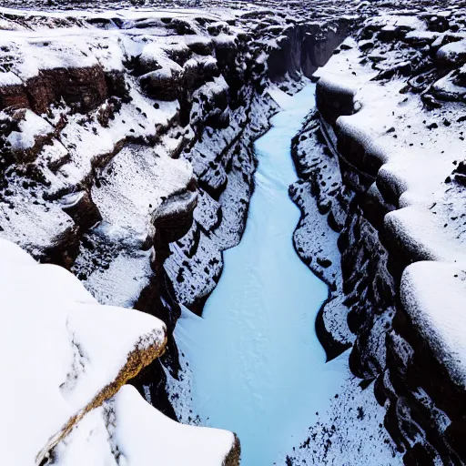 Image similar to a canyon in iceland with a frozen river at the bottom.