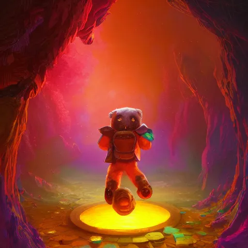 Prompt: a beautiful colorful interesting detailed sci-fi storybook fantasy scene of a teddy bear wearing a backpack coming out of a portal to Wonderland, magic the gathering, Marc Simonetti and Anato Finnstark, neon pastel color palette, vibrant 8k rendering, Pixar concept art, trending on artstation HQ