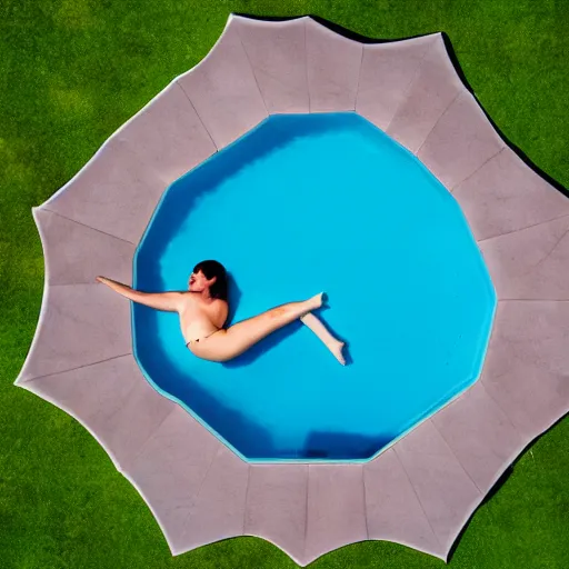 Prompt: a huge pool with honey, a girl lies on a mattress in the middle of the pool, top view, professional shooting