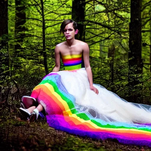 Image similar to photo of emma watson wearing a rainbow wedding gown sitting in a forest