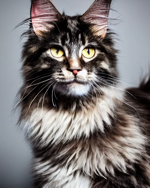 Prompt: An extremely beautiful studio photo of a Maine Coon cat in the style of the Girl With a Pearl Earring, bokeh, 90mm, f/1.4