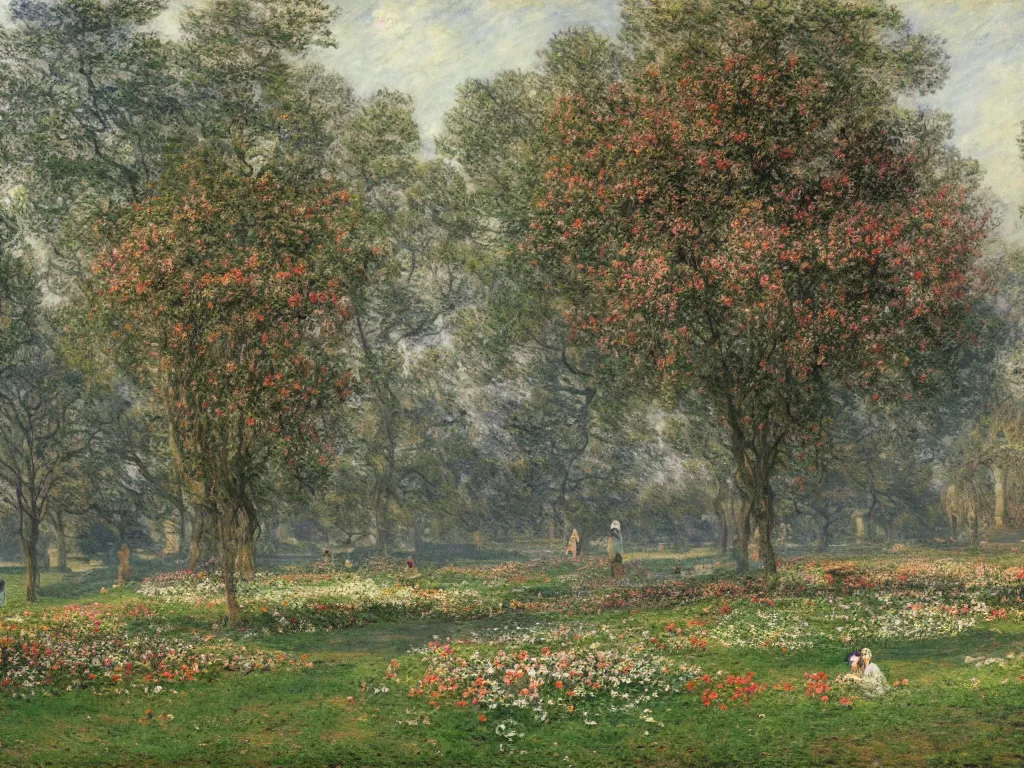 Image similar to a park with many beautiful flowers, by caspar david friedrich, by claude monet, canvas, paint, oil paint, tempera paint, dripping paint, splatter paint, macro, dof, insanely detailed and intricate, hypermaximalist, elegant, ornate, hyper realistic, super detailed