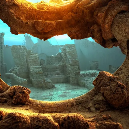 Image similar to 8 k hd detailed octane render of ruins of a sunken city under the sea