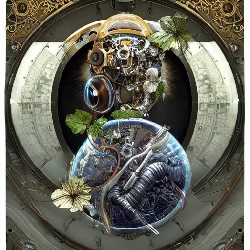 Image similar to a beautiful intricate fine art RPG portrait photo of a mechanical industrial steampunk cybernetic yin yang symbol, overgrown with morning glory flowers, montsera leaves by tom bagshaw and zach sutton, golden ratio composition, studio lighting, 50mm lens, very detailed, bionic, cybernetic scifi, deep depth of field, artstation, 8K, highly coherent