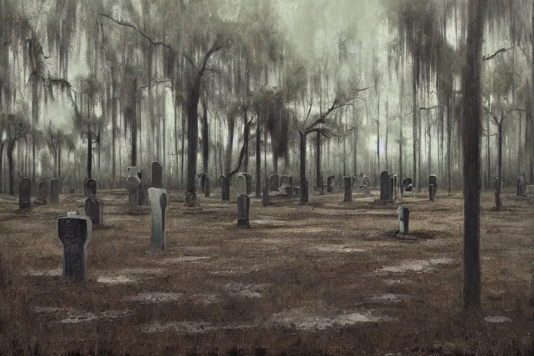 Image similar to scene from louisiana swamps, graveyard, voodoo, artwork by tim eitel