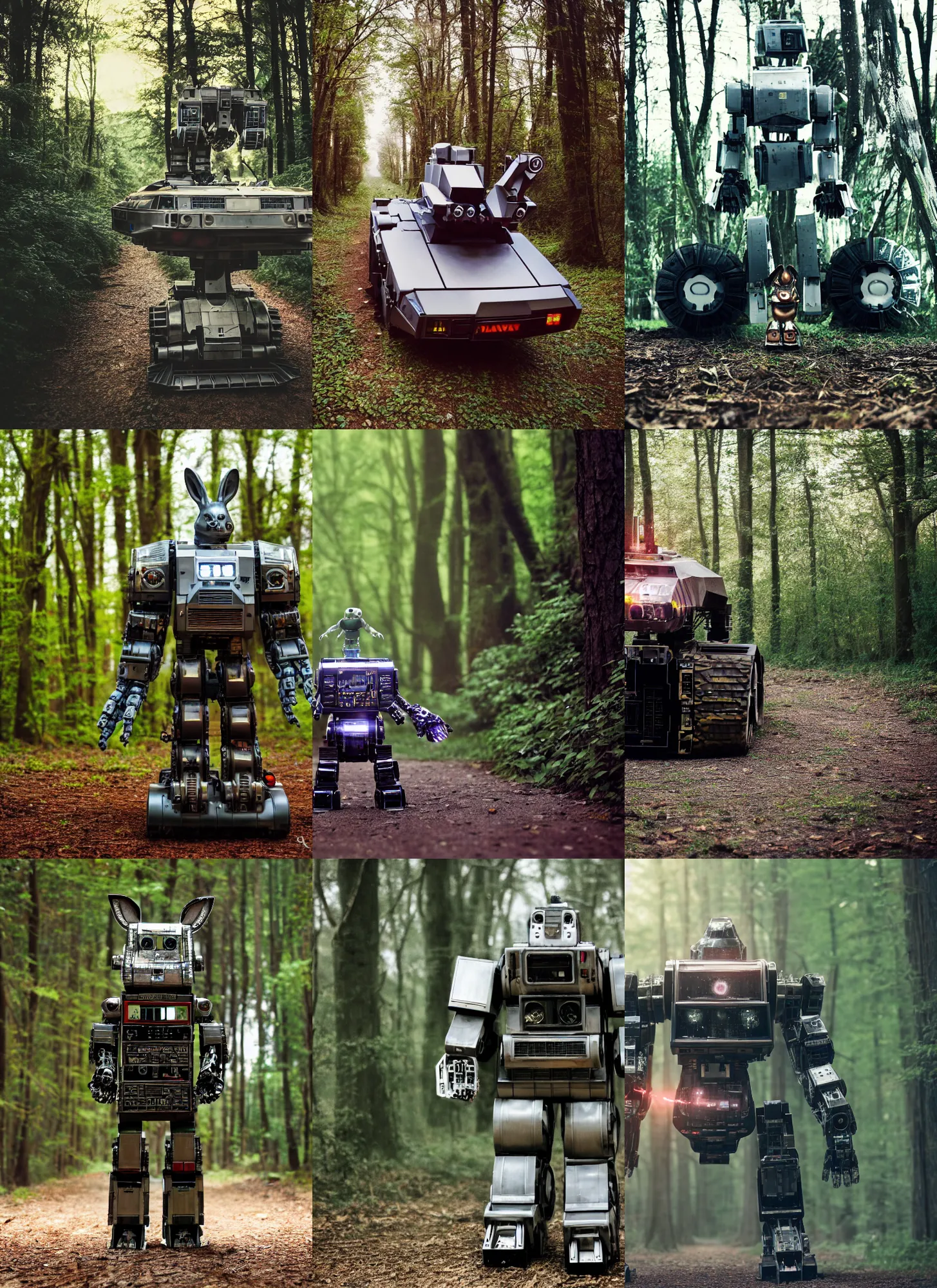 Prompt: a 3 5 mm photo from the front of a giant mecha armored war delorean robot as chubby cute rabbit walking in the woods, splash art, movie still, bokeh, canon 5 0 mm, cinematic lighting, dramatic, film, photography, depth of field, award - winning, backlighting, overcast, 8 k, hyper detailed, 3 5 mm film grain