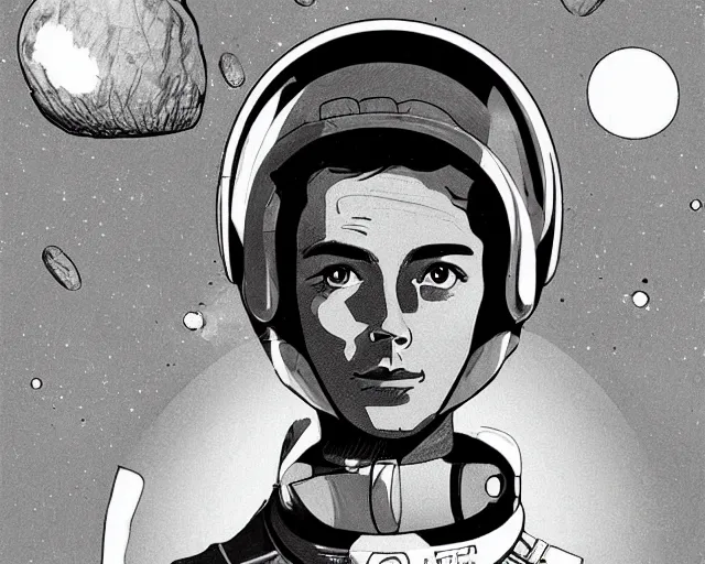 Image similar to a headshot head shot portrait of Alain Delon pilot in spacesuit posing on field forrest spaceship station landing laying lake artillery outer worlds shadows in FANTASTIC PLANET La planète sauvage animation by René Laloux