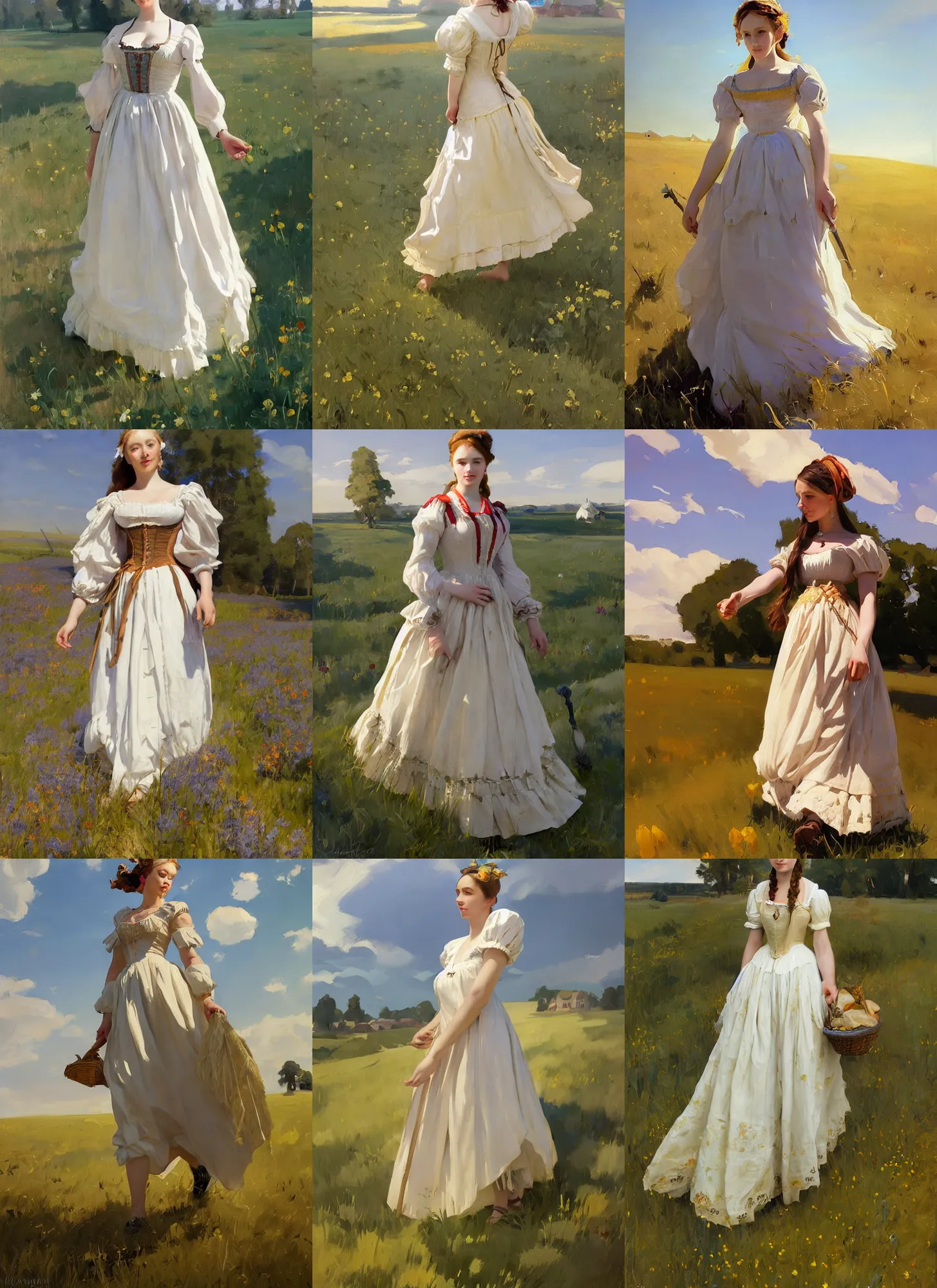 Prompt: attractive ukrainian russian finnish village maiden wearing 1 7 th century bodice walking in the field in a sunny day, jodhpurs greg manchess painting by sargent and leyendecker, studio ghibli, fantasy, medium shot, asymmetrical, intricate, elegant, matte painting, illustration, hearthstone, by greg rutkowski, by greg tocchini, by james gilleard
