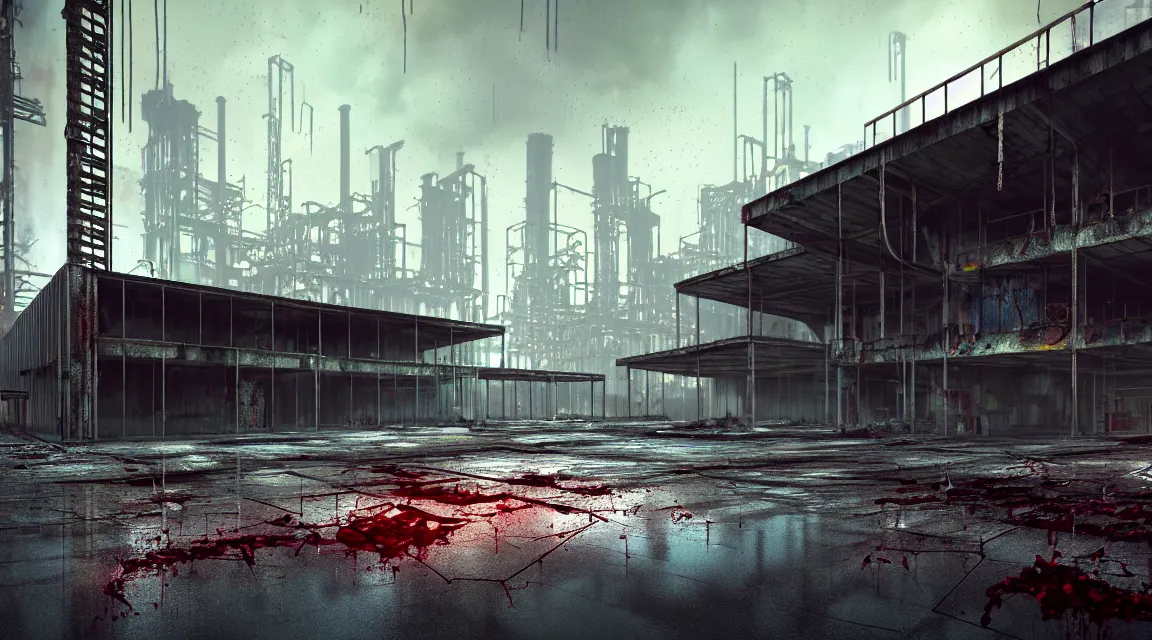 Prompt: post apocalyptic factory building, raining, building, avenue, modern contemporary urban americana concrete architecture, by pascal blanche, neil blevins, apocalyptic color palette, trending on artstation, photorealistic, neon ambiance, ultra detailed, high definition, depth of field, bokeh, rubble, wild vegetation, blood stains, building crumbling