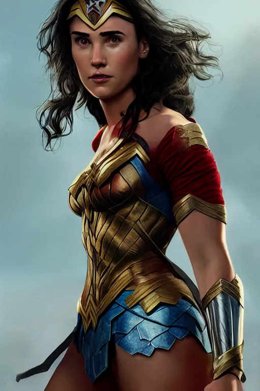 Image similar to portrait of Young Jennifer Connelly as Wonderwoman , face portrait, raphael lacoste, eddie mendoza, alex ross, concept art, matte painting, highly detailed, rule of thirds, dynamic lighting, cinematic, detailed, denoised, centred