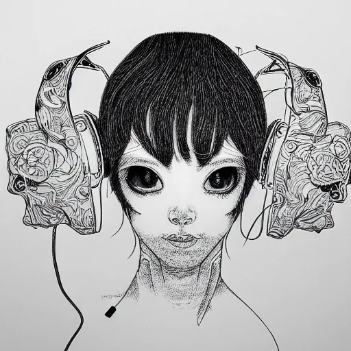 Image similar to holographic headset interface painted in chris dyer style drawn by takato yamamoto, inspired by ooioo and sorayama and ikeuchi, intricate manga drawing, black and white, 3 d, high detail, sharp high detail, artstation, octane