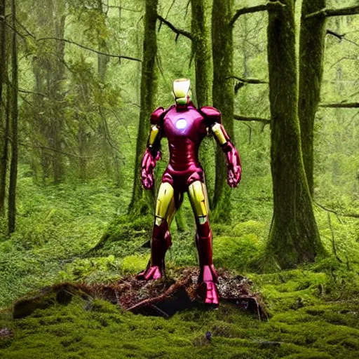 Image similar to abandoned iron man suit in the middle of the forest, overgrown by moss, 4k realistic photo