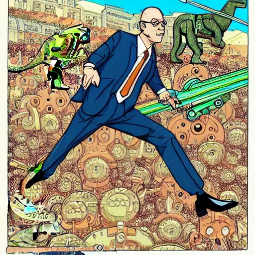 Image similar to detailed intricate colour illustration of a businessman with a laser pistol riding a mecha dinosaur, in the style of Geof Darrow