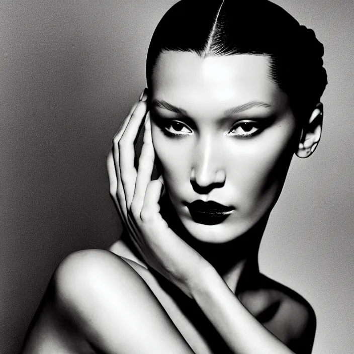 Image similar to photography face portrait of a beautiful woman like bella hadid, black and white photography portrait, skin grain detail, high fashion, studio lighting film noir style photography, by richard avedon, and paolo roversi, nick knight, hellmut newton, nobuyo araki, on a tropical wallpaper exotic patern background