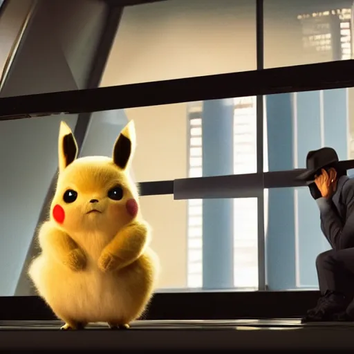 Image similar to detective columbo questioning detective pikachu, high quality photograph, noir lights, 8 k, artstation