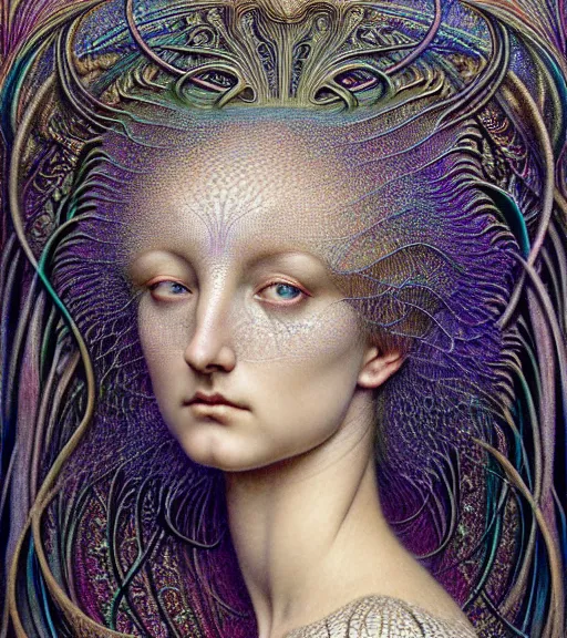 Prompt: detailed realistic beautiful iridescent goddess face portrait by jean delville, gustave dore, iris van herpen and marco mazzoni, art forms of nature by ernst haeckel, art nouveau, symbolist, visionary, gothic, neo - gothic, pre - raphaelite, fractal lace, intricate alien botanicals, biodiversity, surreality, hyperdetailed ultrasharp octane render