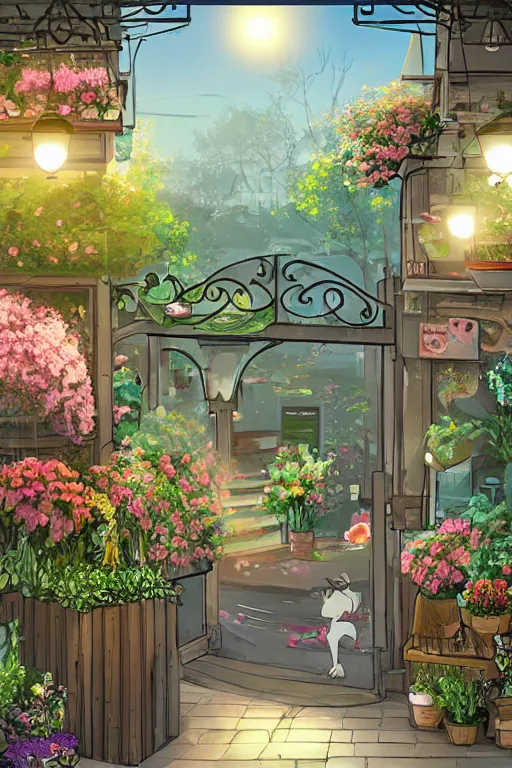 Image similar to a little flower shop's front gate, fresh, digital illustration, dramatic lighting, pixiv