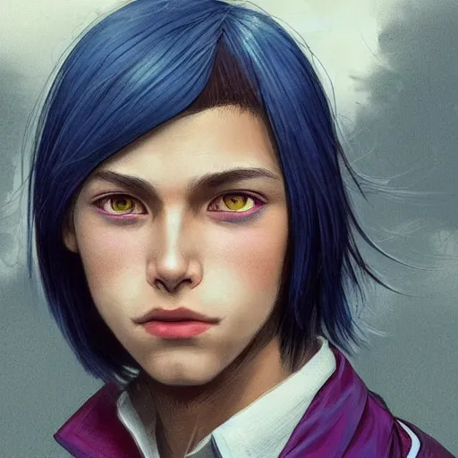 Image similar to teenager boy with straight indigo hair, purple eyes with red eye markers, slim body, wearing japanese combat clothes, black and red details. modern, realistic, looking at the camera, enjoying life!!! elegant, highly detailed, digital painting, artstation, concept art, matte, sharp focus, illustration, art by artgerm and greg rutkowski and alphonse mucha