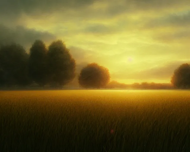 Image similar to a field at dawn, illustrated by wlop, extremely detailed, 8 k, trending on pixiv, cinematic lighting, beautiful