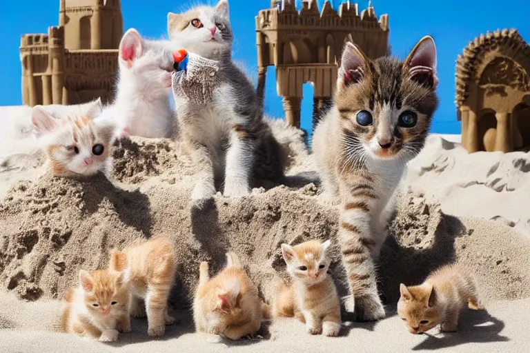 Prompt: kittens at the beach surrounding a sand castle and all of the kittens are looking directly at the sand castle