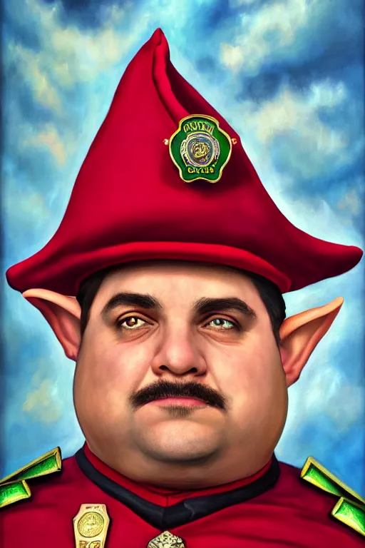 Prompt: high fantasy elf mall cop with a sheriff's badge that is fat, shifty, and incompetent, portrait from the chest up by Carvagio, dreary background, Oil Painting, hyper realistic,, 8k UHD scan