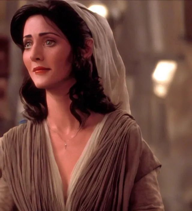 Image similar to beautiful monica from friends in star wars, movie still frame, hd, remastered, cinematic lighting