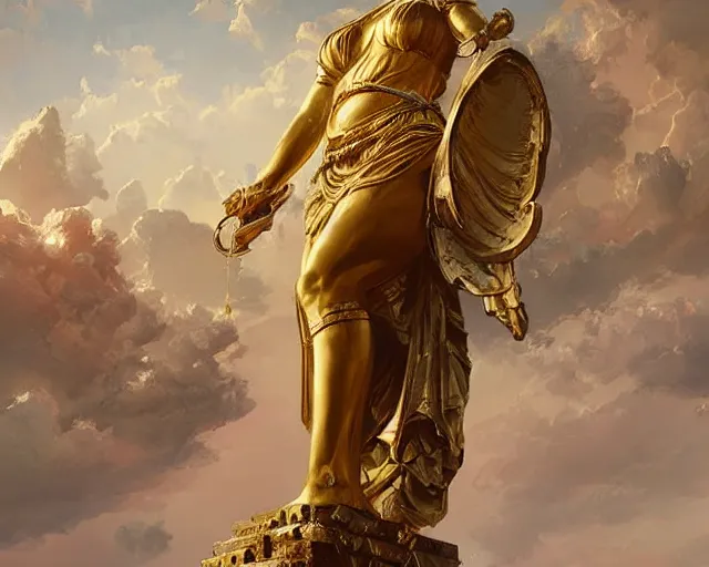 Prompt: imposing colossal golden statue of the goddess of justice, a fantasy digital painting by Greg Rutkowski and James Gurney, trending on Artstation, highly detailed