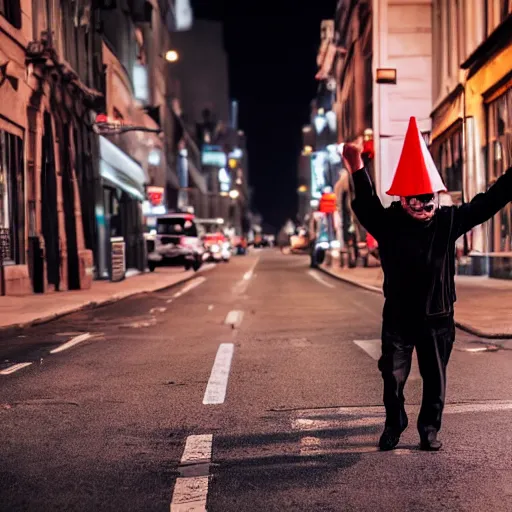 Prompt: a drunk man with a cone on his head wobbling down the street in the evening,