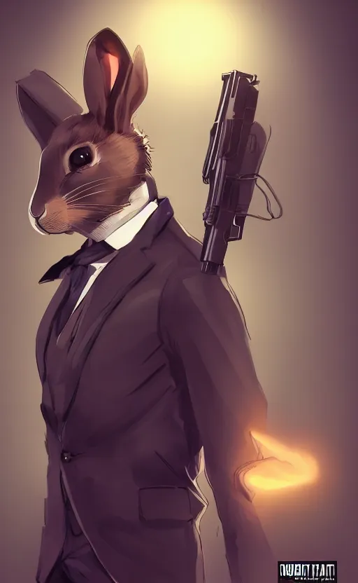 Image similar to rabbit as a hitman, suit and tie, with silenced gun, dynamic lighting, fantasy concept art, trending on art station, stunning visuals, creative, cinematic, ultra detailed, comic strip style