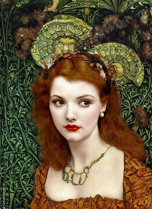 Prompt: masterpiece of intricately detailed preraphaelite photography portrait face hybrid of betty page and a hybrid of judy garland and a hybrid of jackie kennedy and ingrid bergman, sat down in train aile, inside a beautiful underwater train to atlantis, betty page fringe, medieval dress yellow ochre, by william morris ford madox brown william powell frith frederic leighton john william waterhouse hildebrandt