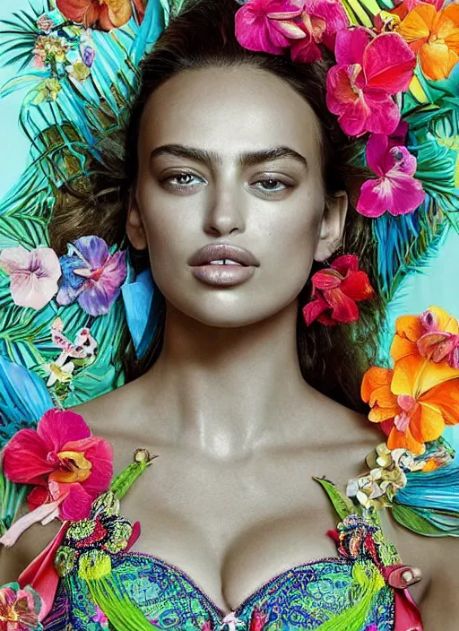 Prompt: beautiful portrait of Irina Shayk wearing fantastic bra and dress in the VICTORIA'S SECRET fashion show ,embellished beaded feather decorative fringe knots ,colorful pigtail,subtropical flowers and plants,perfect symmetrica body shape,symmetrical face,intricate,elegant,highly detailed,8k,post-processing,digital painting,trending on pinterest,harper's bazaar,concept art, sharp focus, illustration, by artgerm,Tom Bagshaw,Lawrence Alma-Tadema,greg rutkowski,golden ratio,cinematic lighting