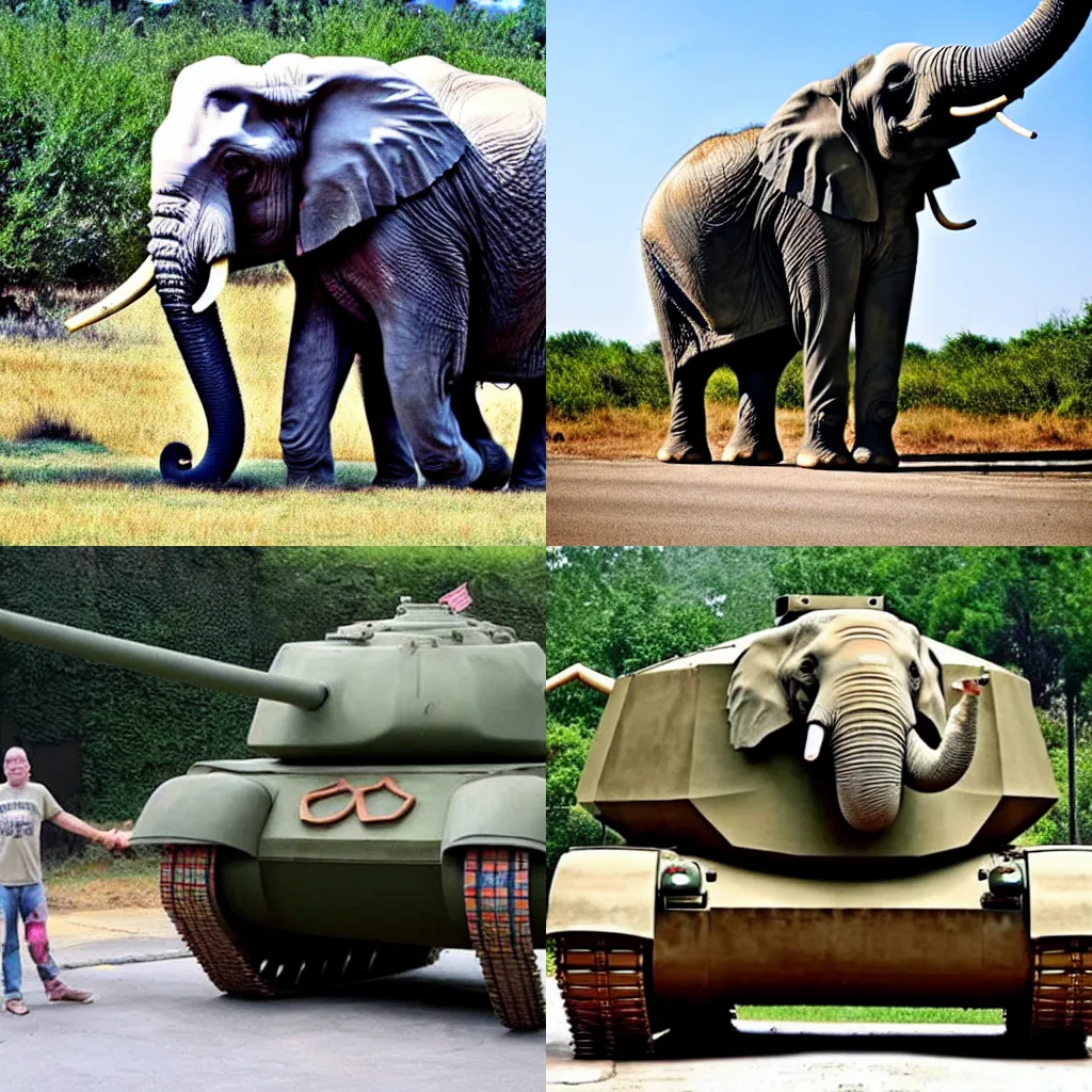 Prompt: tank turns into elephant with elephant head