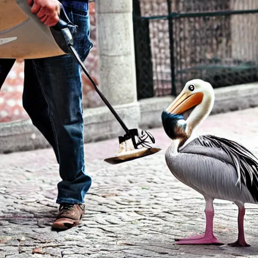 Prompt: man with a pelican and a pigeon for pets