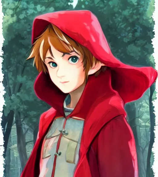 Image similar to attractive little boy character inspired in little red riding hood and link, digital artwork made by akihiko yoshida and makoto shinkai