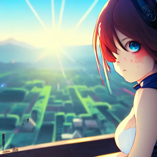 Image similar to digital anime art in the style of netflix arcane, cute female ninja sitting on an old japanese roof at golden hour, soft azure blue eyes, close up, wlop, ilya kuvshinov, backlit