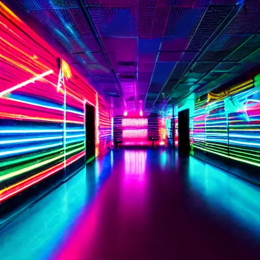 Prompt: A neon dance club, glowing fluorescent with shiny floors and reflective walls.
