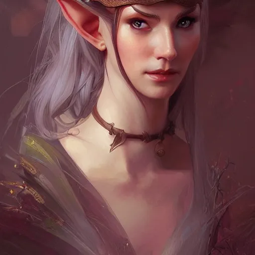 Image similar to portrait of a female elf, elegant, digital painting, highly detailed, fantasy, artstation, concept art, smooth, sharp focus, illustration, art by artgerm and greg rutkowski and alphonse mucha