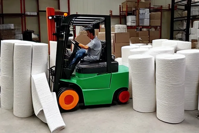 Image similar to a forklift made out of toilet paper