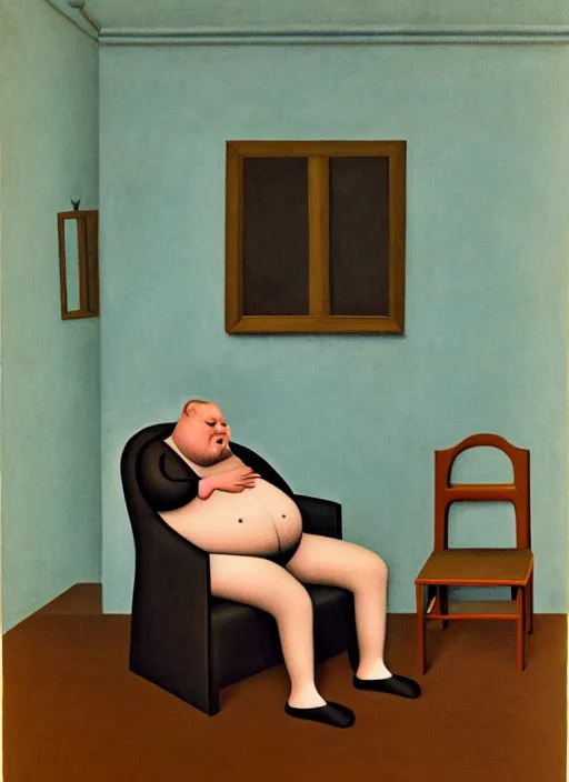 Image similar to fat man sitting on chair, sweat, fat, frustrated, art by gertrude abercrombie