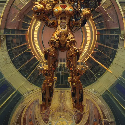 Image similar to a stunning dynamic pose full body of a celestial robot, intricate, 8k highly professionally detailed, hdr, CGSociety, dark fantasy, dynamic lighting, cinematic, pristine, smooth, cosplay, elegant, sharp focus, art by alphonse mucha and greg rutkowski,