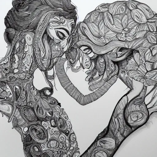 Prompt: lovers, detailed intricate sketch, 4k, illustration, cross hatched, black ink on white paper