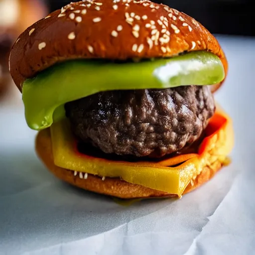 Image similar to closeup photo of most delicious cheeseburger with chocolate truffles inside