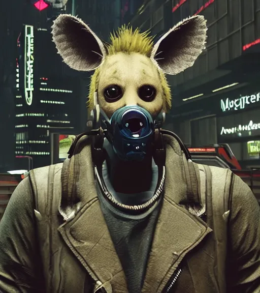 Prompt: new york city portrait icon of furry anthro anthropomorphic spotted hyena head animal person fursona wearing clothes strange cybernetic metal muzzle gloomy rainy screenshot from the video game cyberpunk 2077 maelstrom digital art by Greg Rutkowski, Simon Stalenhag, christopher nolan trending on Artstation, CGSociety, Bladerunner 2049