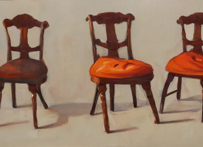 Prompt: a not finished painting by yvan goll showing two chairs having a conversation about apples or oranges. elegant, highly detailed, artstation, smooth, sharp focus