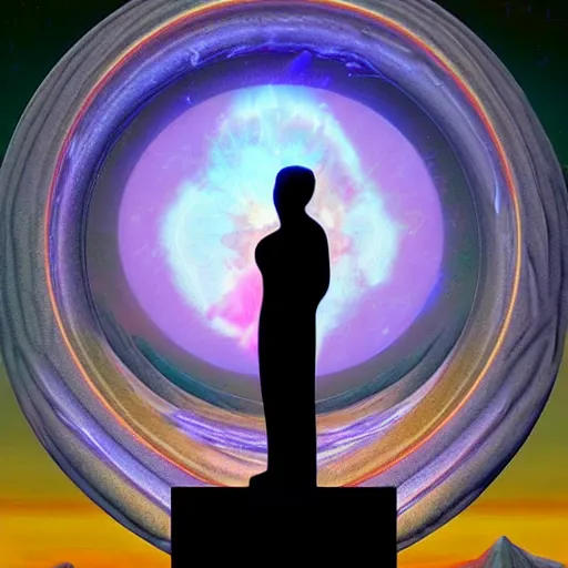 Image similar to 3 d sci - fi cgartist rendering of a hyper realistic marble greek statuary bust floating in space, at the vast pulsating interdimensional fractal space portal at the psychedelic vaporwave event horizon by chris moore, by edward hopper, by col price, trending on artstation